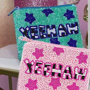 Yee Haw Western Cowgirl Sparkle Beaded Pouch Bag Pink Blue Stars NEW Gift NWT